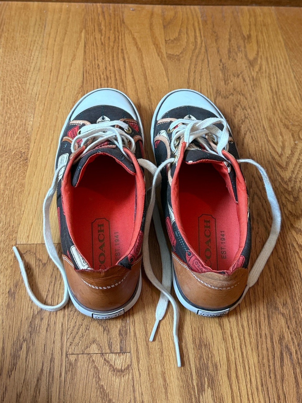 COACH Barrett Hangtag Print Sneakers Women 8M Brown Orange Canvas Leather A1064 - Picture 7 of 13